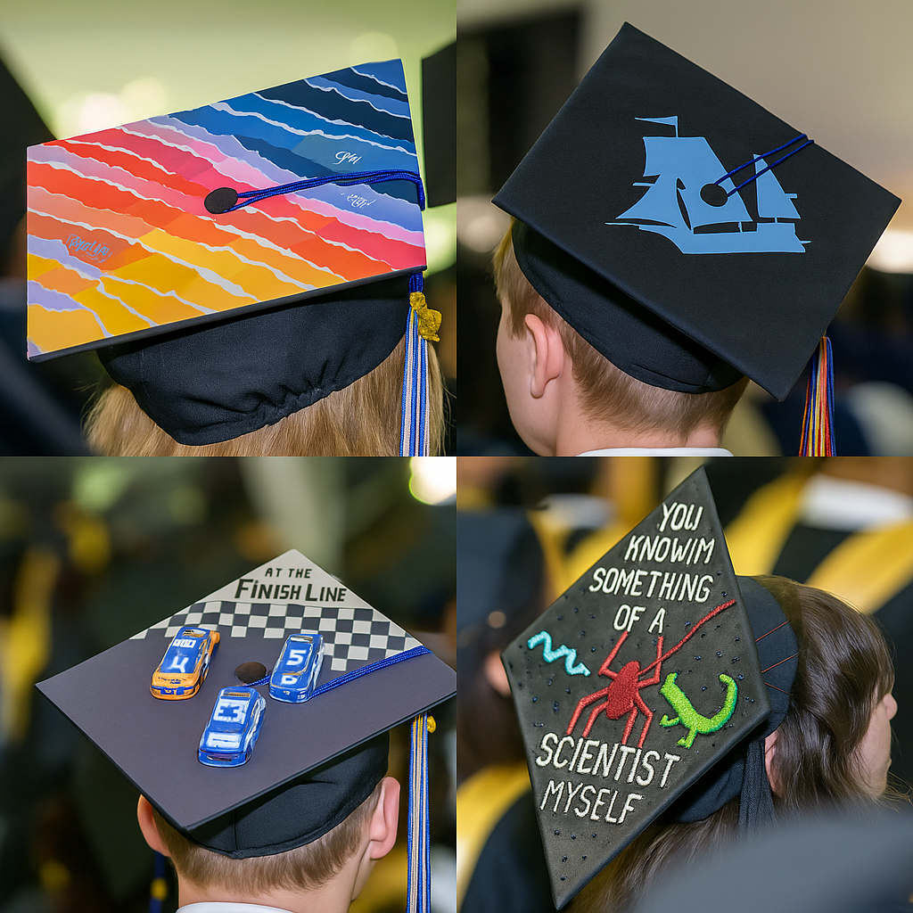 Four graduation caps decorated with unique designs: colorful waves, a ship silhouette, toy cars on a track, and a quote about being a scientist with a red spider illustration.