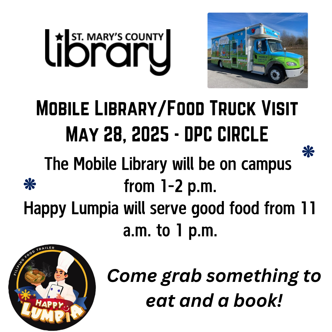 Flyer announcing a mobile library and Happy Lumpia food truck visit at DPC Circle on May 28, 2025; library hours 1-2 p.m., food served 11 a.m.-1 p.m.