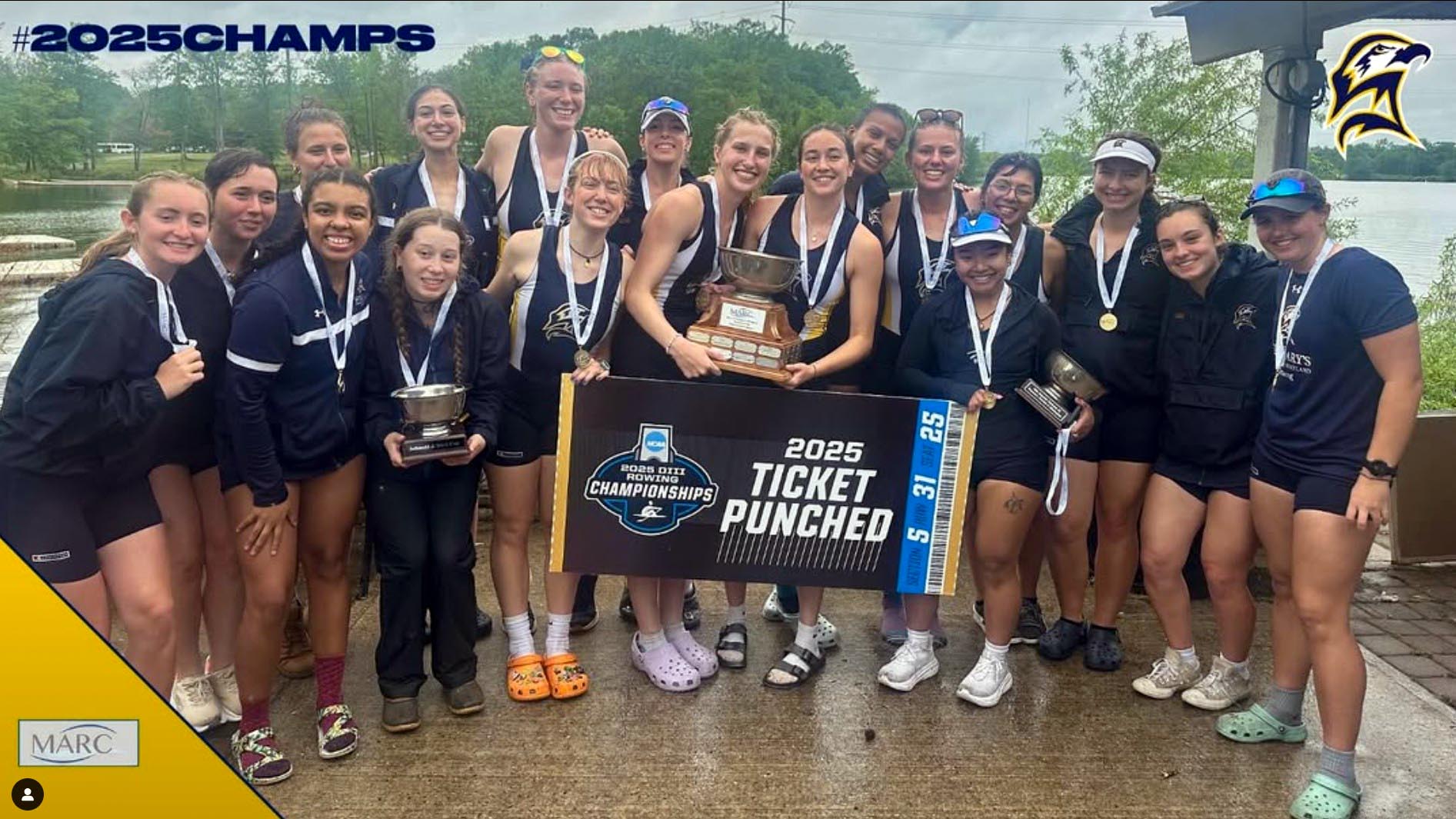 A women's rowing team poses outdoors with medals, trophies, and a sign that reads "2025 Ticket Punched" after winning a championship. #2025CHAMPS is in the top left corner.