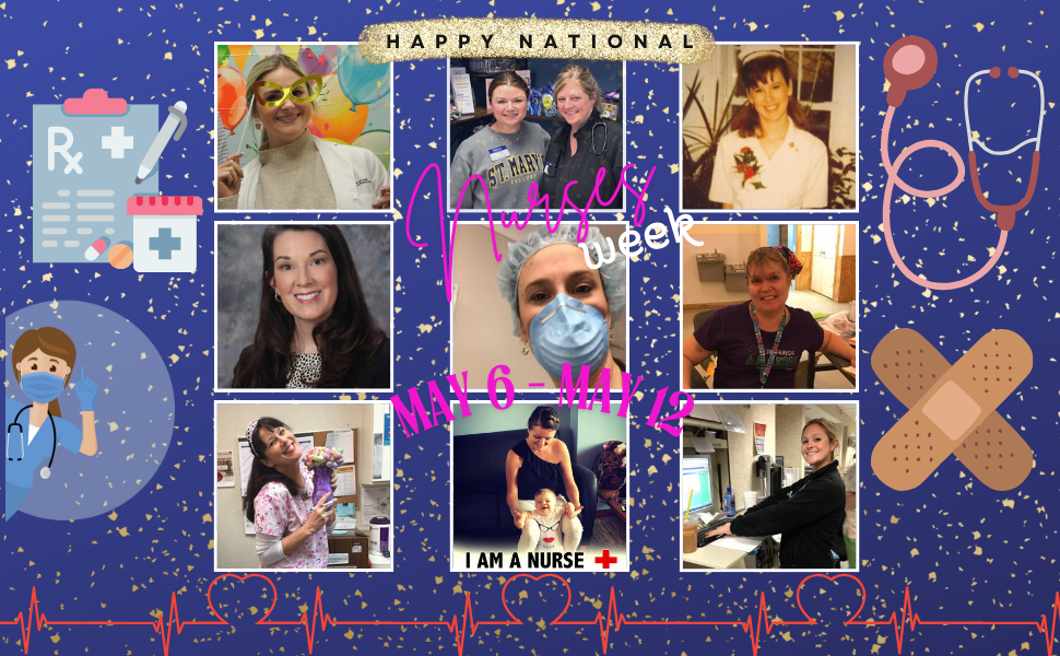 Collage celebrating National Nurses Week with photos of various nurses, medical icons, and text highlighting May 6–May 12 as the observance period.