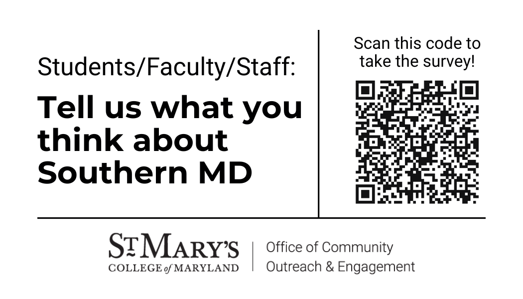 Survey invitation from St. Mary’s College of Maryland for students, faculty, and staff about Southern MD, with QR code for participation.