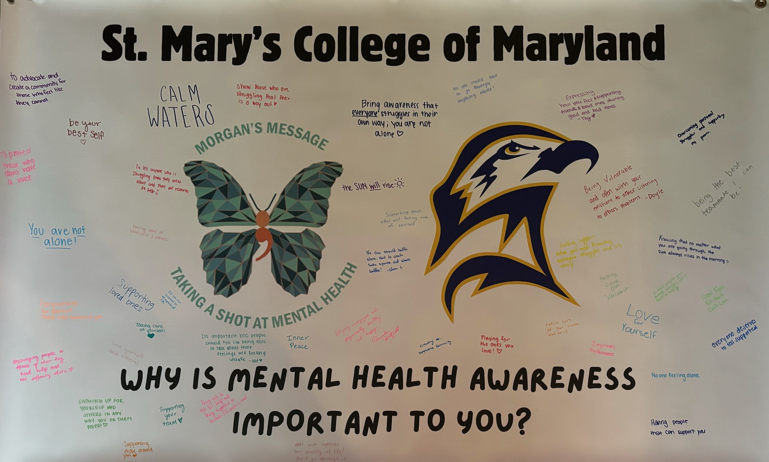 A banner from St. Mary’s College of Maryland with mental health awareness messages, a butterfly logo, and a hawk logo, asking “Why is mental health awareness important to you?”.