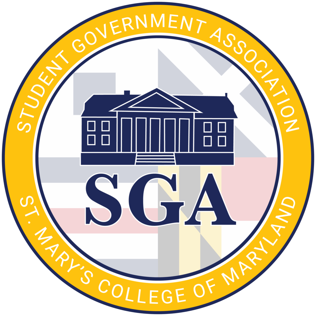 The Student Government Association logo for St. Mary’s College of Maryland, featuring a building and large "SGA" text in the center, with a Maryland flag background.