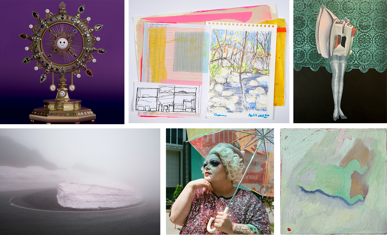 A collage of six artworks, including a jeweled clock, abstract paintings, a surreal photo of a figure with an iron, a foggy landscape, a person with makeup and an umbrella, and a pastel abstract painting.