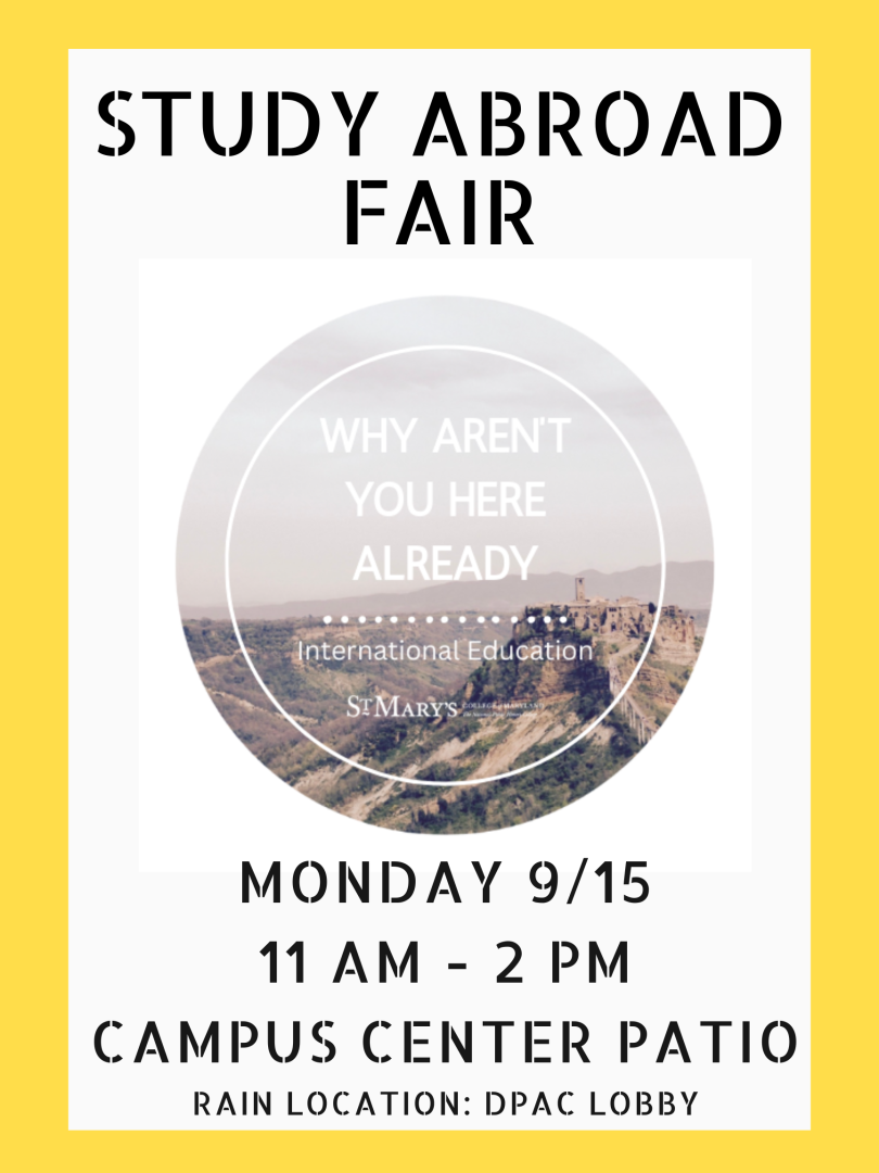 Study Abroad Fair poster with event details: Monday 9/15, 11 AM–2 PM, Campus Center Patio, rain location DPAC Lobby; features a background image of a landscape.
