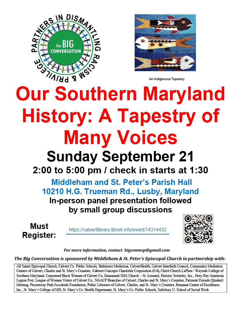 Flyer for an event titled "Our Southern Maryland History: A Tapestry of Many Voices" with details about the date, location, registration, and sponsoring organizations.
