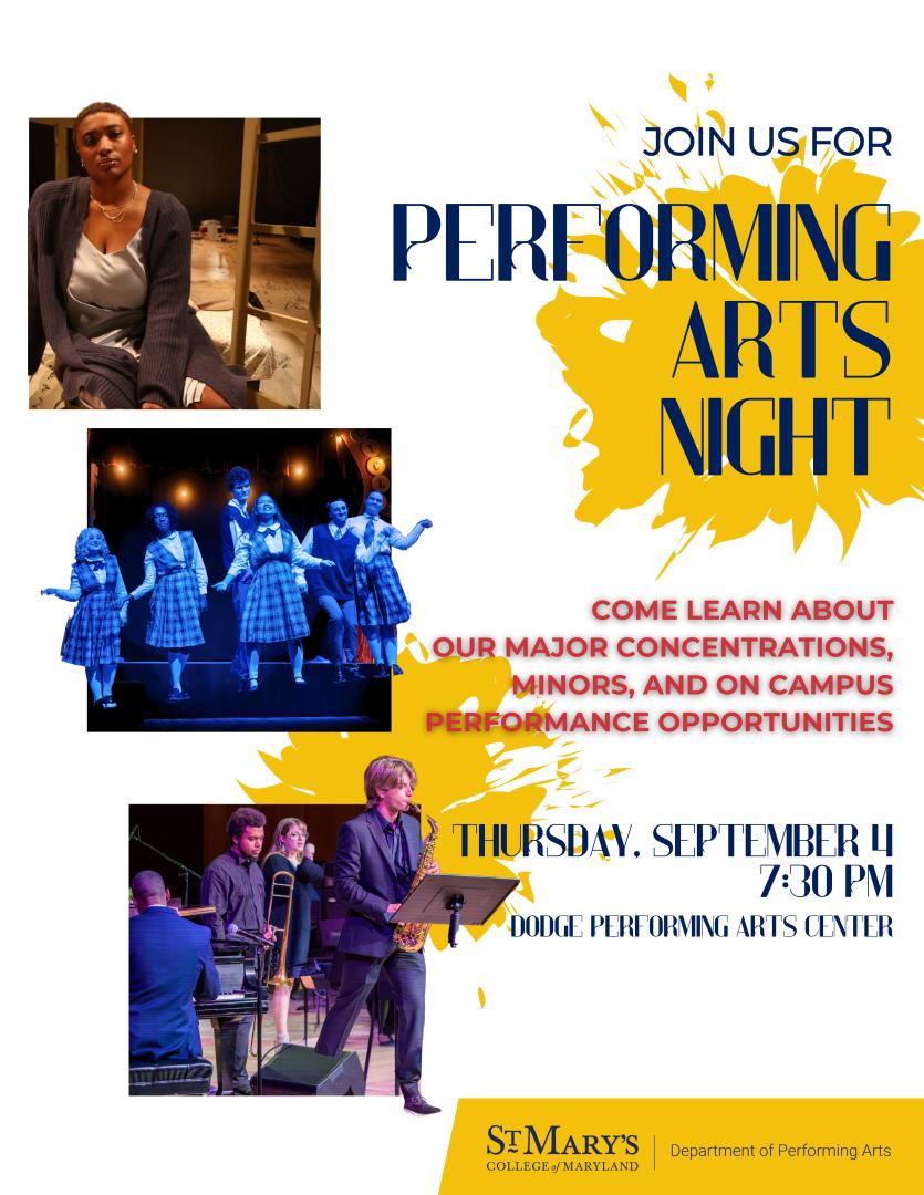 Event poster for Performing Arts Night featuring photos of performers, event details, and an invitation to learn about performing arts opportunities at St. Mary’s College of Maryland.