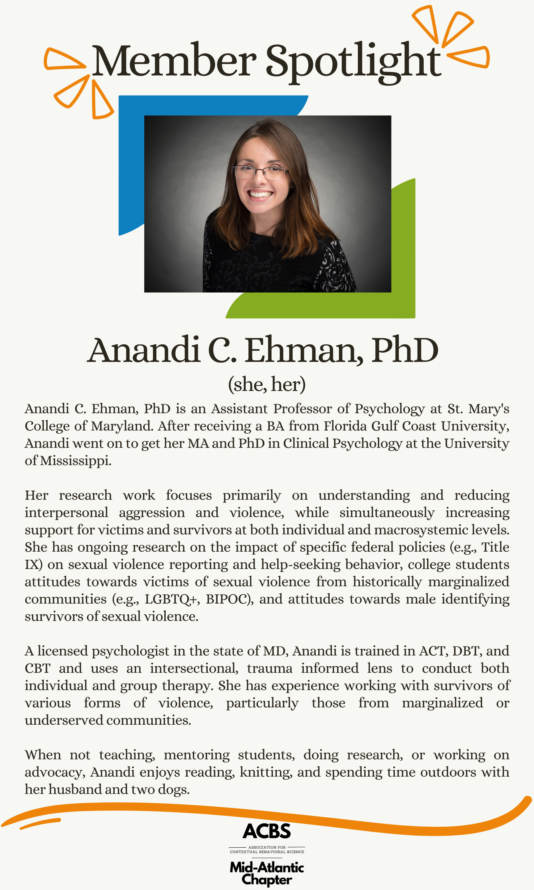 Member Spotlight blurb for Prof. Ehman by the Mid-Atlantic Chapter of the Association for Contextual Behavioral Science (MAC-ACBS)