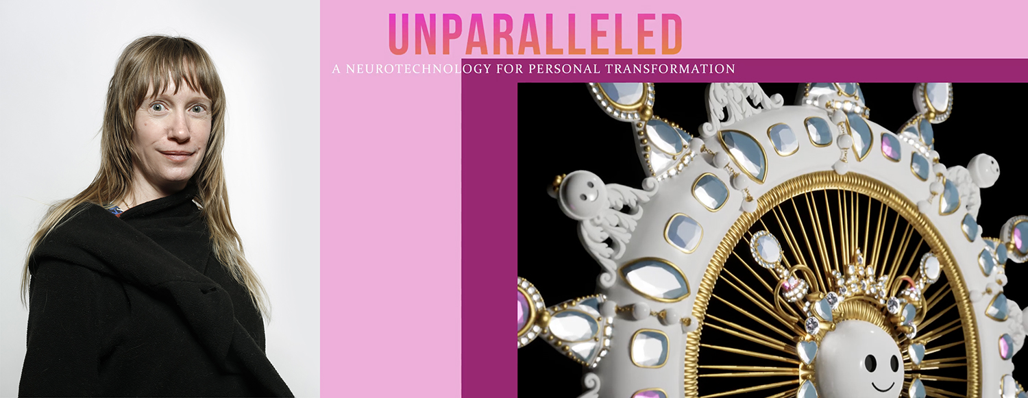 A woman with long hair and bangs stands on the left, while a white decorative object with gold accents and smiley faces is shown on the right. Text above reads "UNPARALLELED.