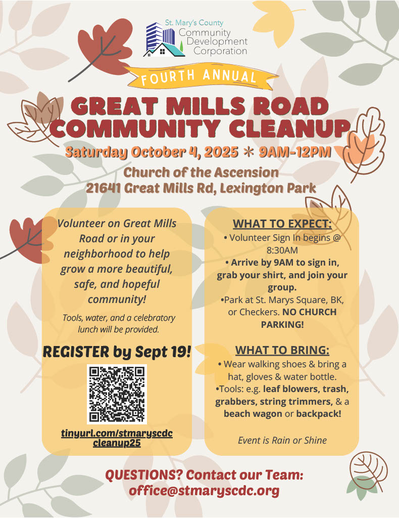 Flyer for the Great Mills Road Community Cleanup on October 4, 2025, 9 a.m.-12 p.m. in Lexington Park, MD, with event details, registration info, and contact email.