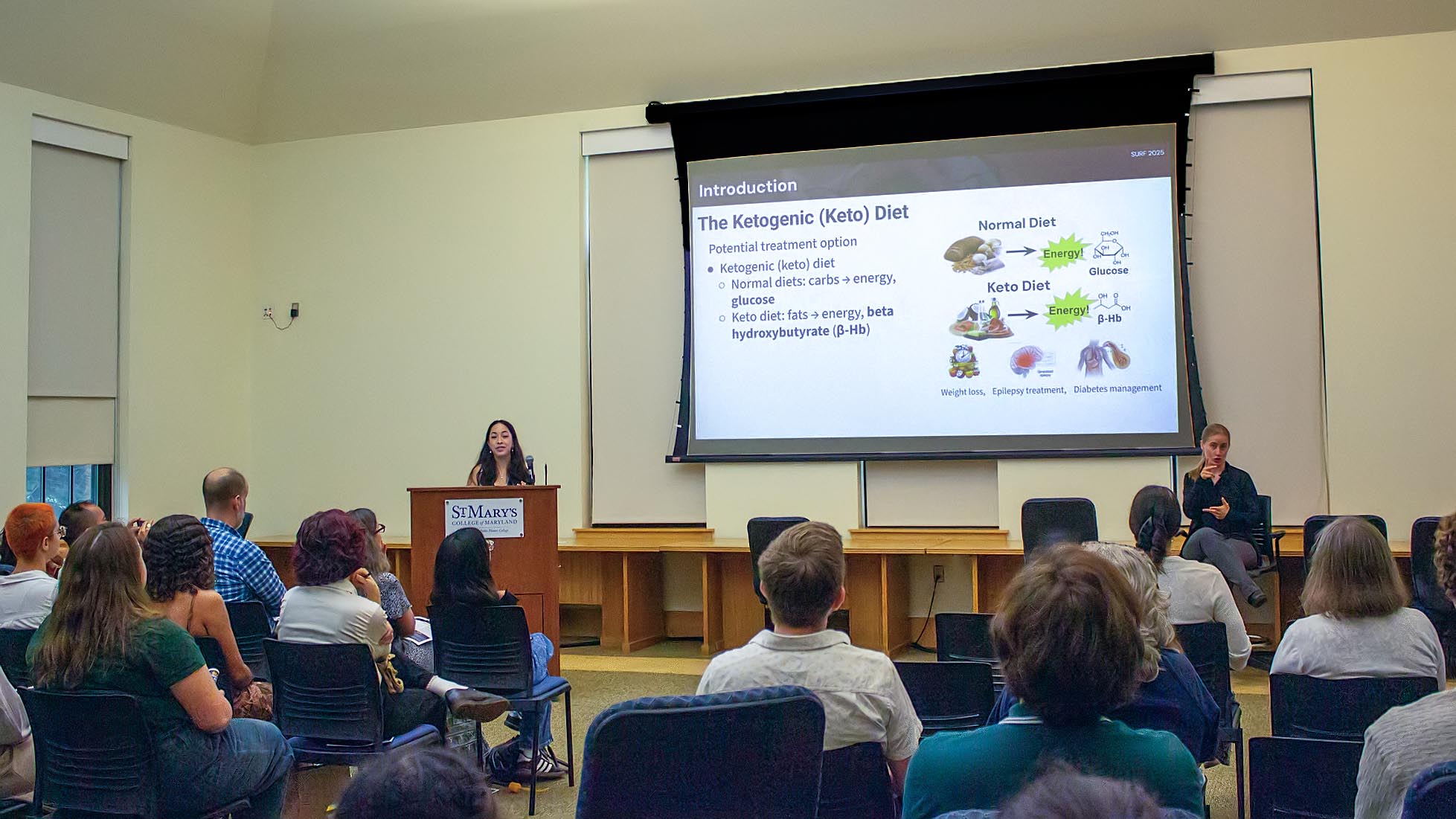 A woman presents a slideshow about the ketogenic diet to an audience in a classroom; a sign language interpreter sits to her right.