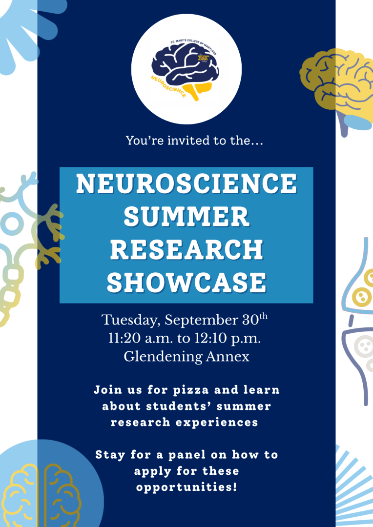 Flyer for a Neuroscience Summer Research Showcase on September 30, 11:20 a.m.–12:10 p.m. at Glendenning Annex, with pizza, student research talks, and a panel on application tips.