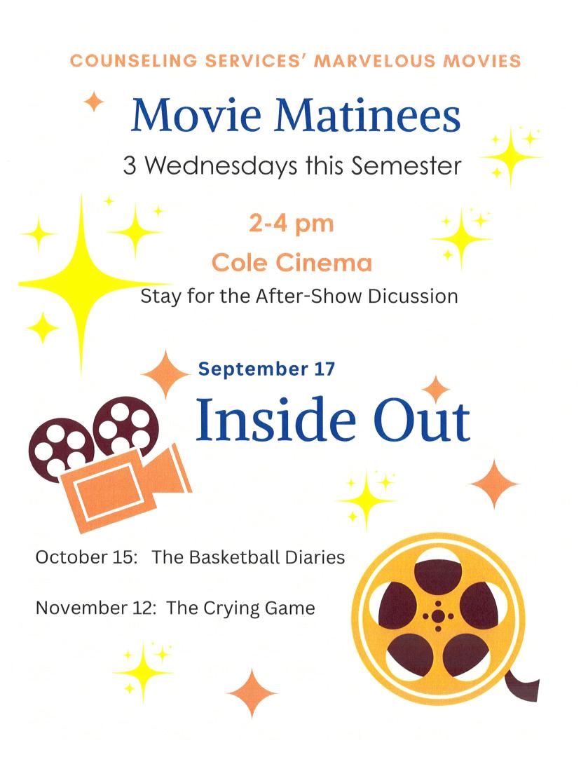 A flyer advertises movie matinees on three Wednesdays, 2-4 pm at Cole Cinema, featuring "Inside Out" on September 17, "The Basketball Diaries" on October 15, and "The Crying Game" on November 12.