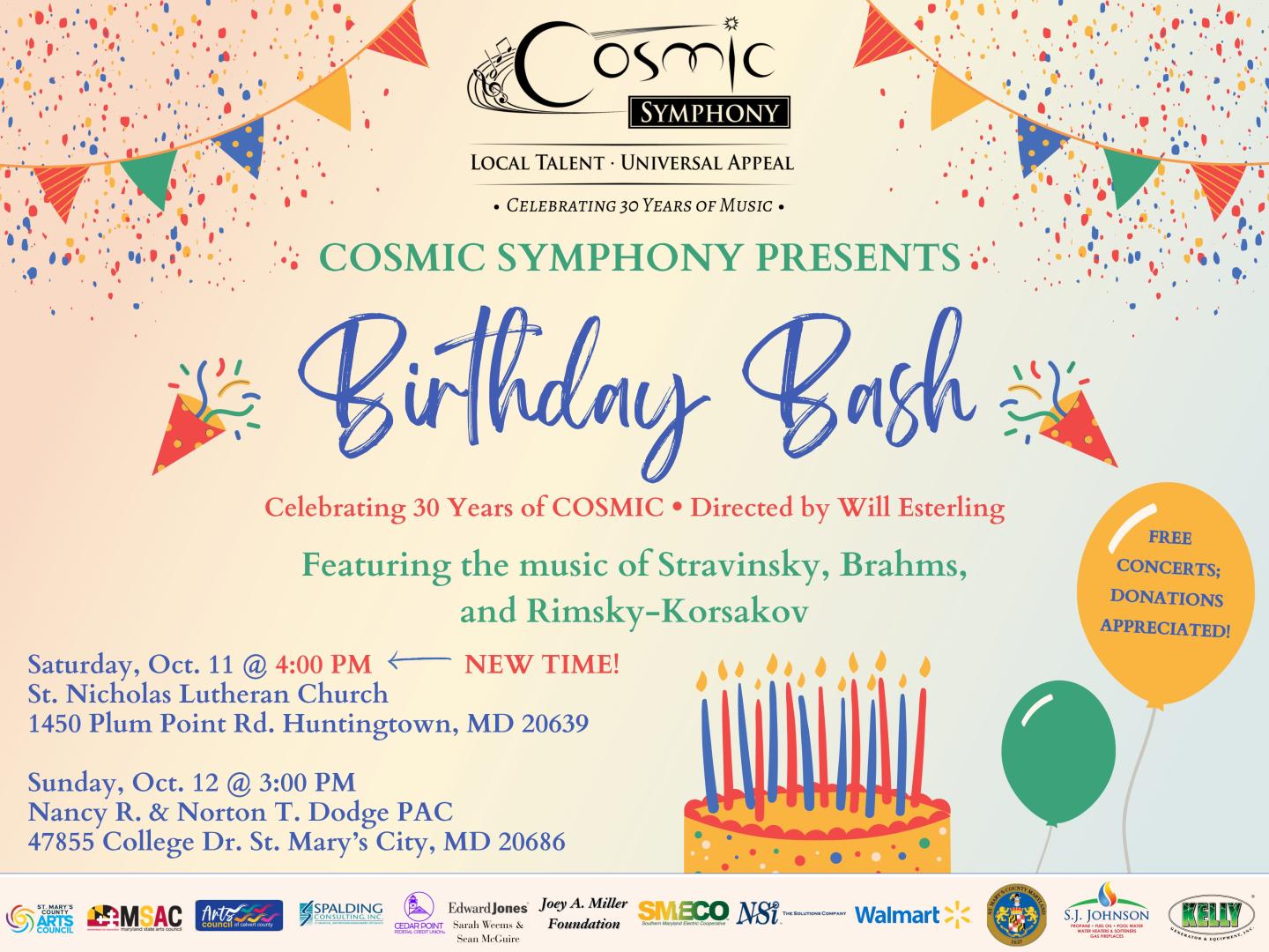 Event flyer for Cosmic Symphony's 30th Birthday Bash with concert details, dates, venues, and colorful festive graphics including balloons and confetti.