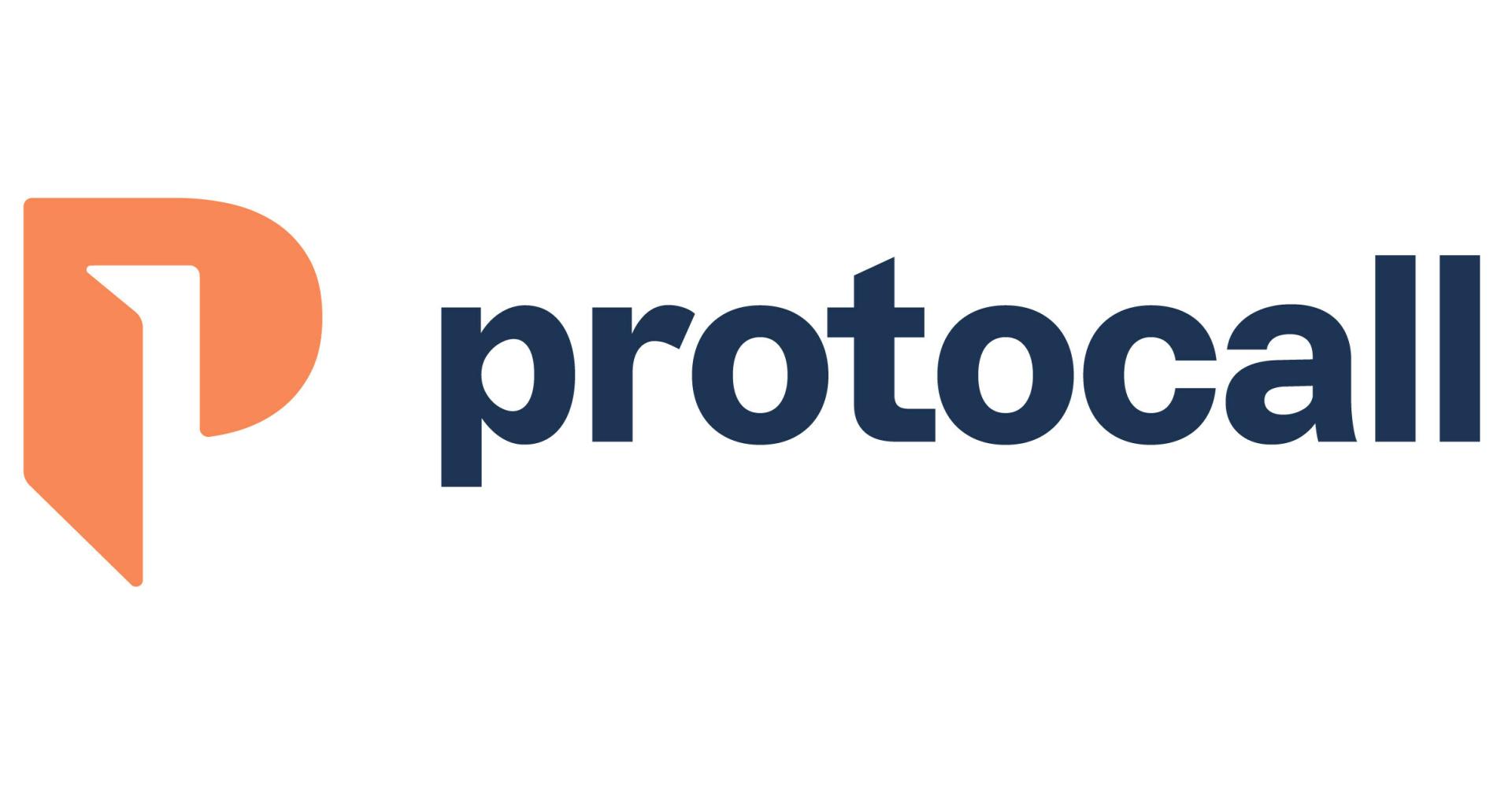 The image displays the word "protocall" in dark blue lowercase letters next to an orange stylized letter "P" logo on a white background.