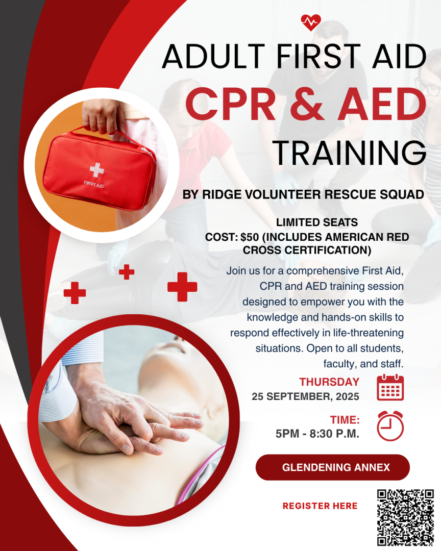 Flyer for Adult First Aid, CPR & AED Training by Ridge Volunteer Rescue Squad on September 25, 2025, from 5–8:30 PM at Glendening Annex. Includes certification details.