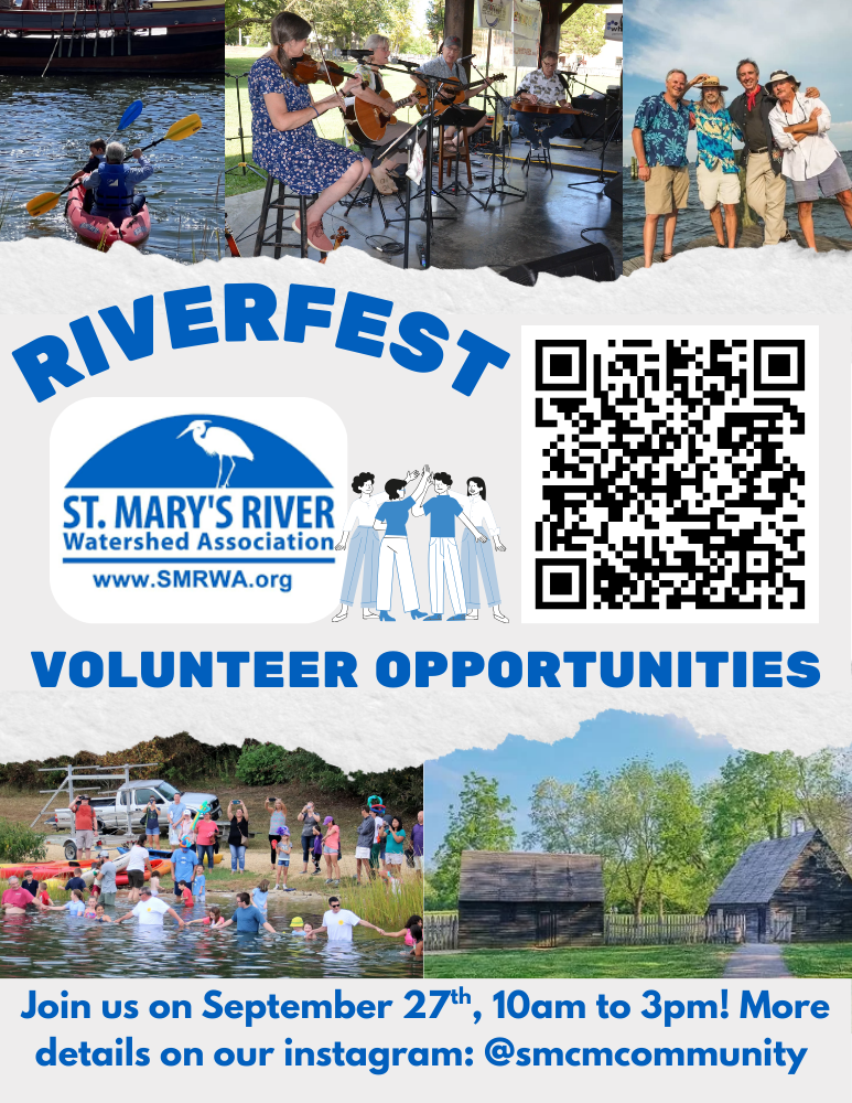 Event poster for Riverfest by St. Mary’s River Watershed Association featuring volunteer opportunities, a QR code, event date, and photos of activities and attendees.