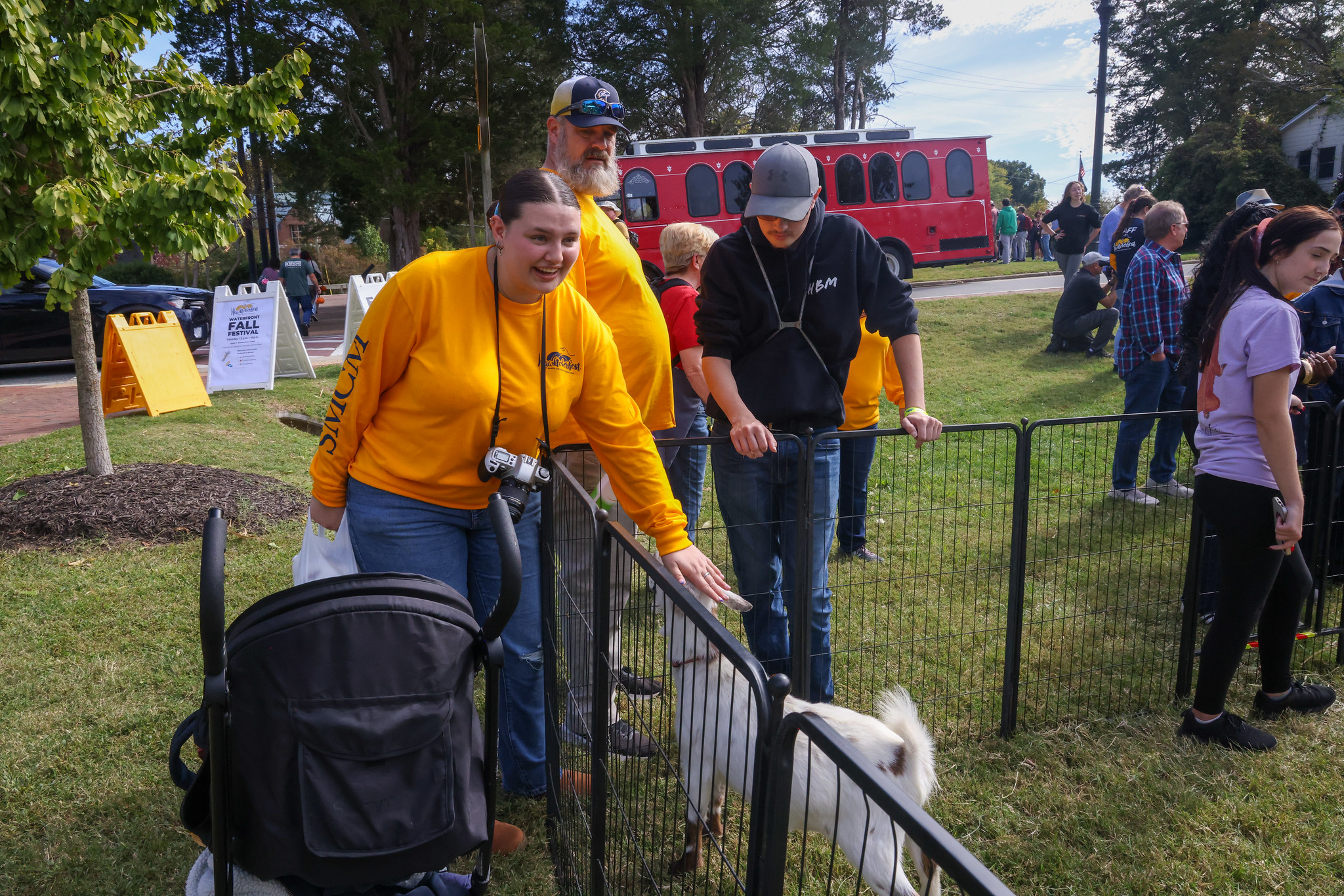 People interact with a goat in a fenced petting area at an outdoor event, with a stroller nearby and a red trolley and crowd in the background.