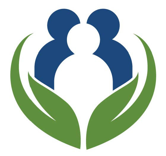 A graphic of three abstract human figures in blue and white, surrounded by two green leaf shapes forming a partial circle around them.