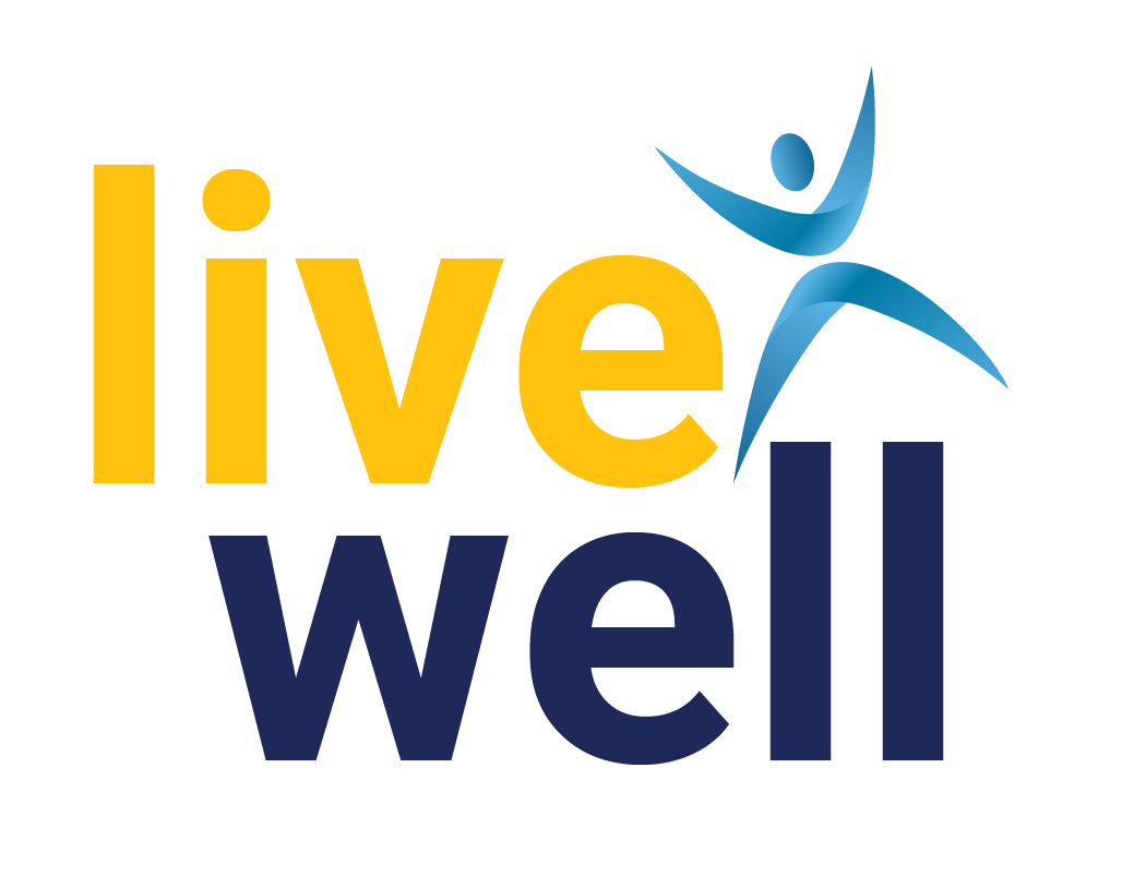 The image shows the words "live well" in bold yellow and navy blue letters, with a blue abstract human figure formed above the "w.