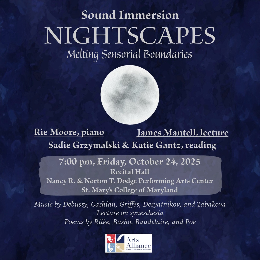Event poster for "Nightscapes: Melting Sensorial Boundaries" with details on performers, date, time, location, and featured composers and poets on a blue watercolor background.