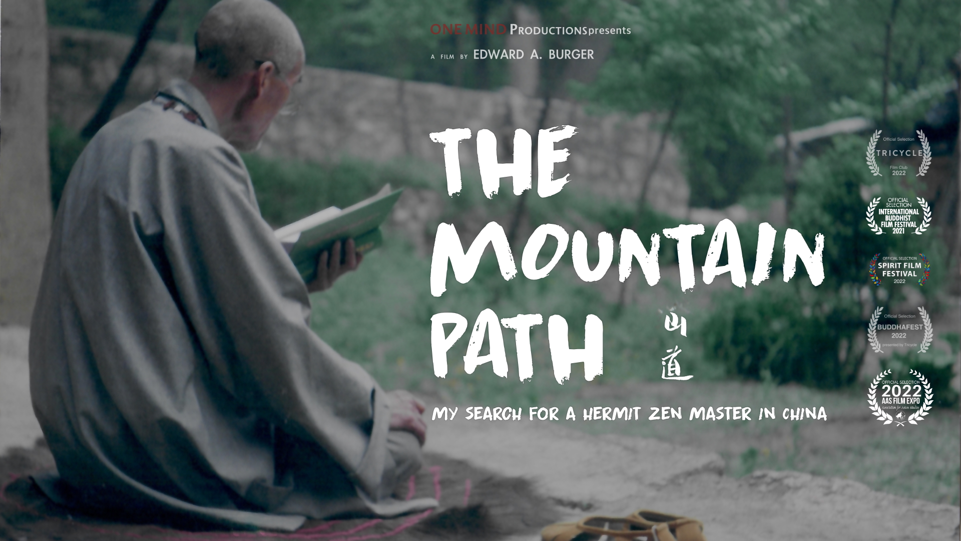 A person in traditional robes sits outdoors reading a book, with text overlay promoting the documentary "The Mountain Path" about a hermit Zen master in China.