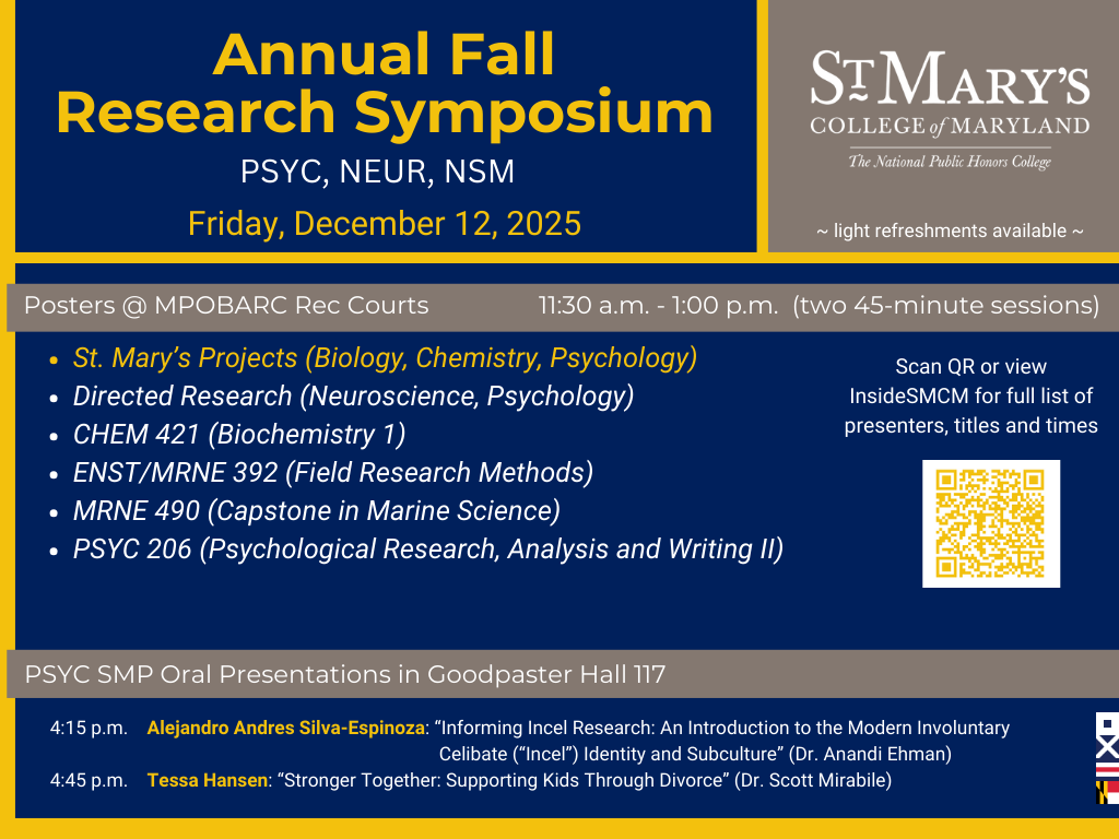 Flyer for St. Mary's College Annual Fall Research Symposium on December 12, 2025, listing poster sessions, research topics, and SMP oral presentations in psychology, neuroscience, and natural sciences.