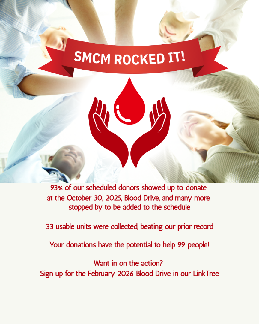 Four people join hands in a circle above a graphic celebrating a successful blood drive, with text highlighting donation statistics and future participation details.
