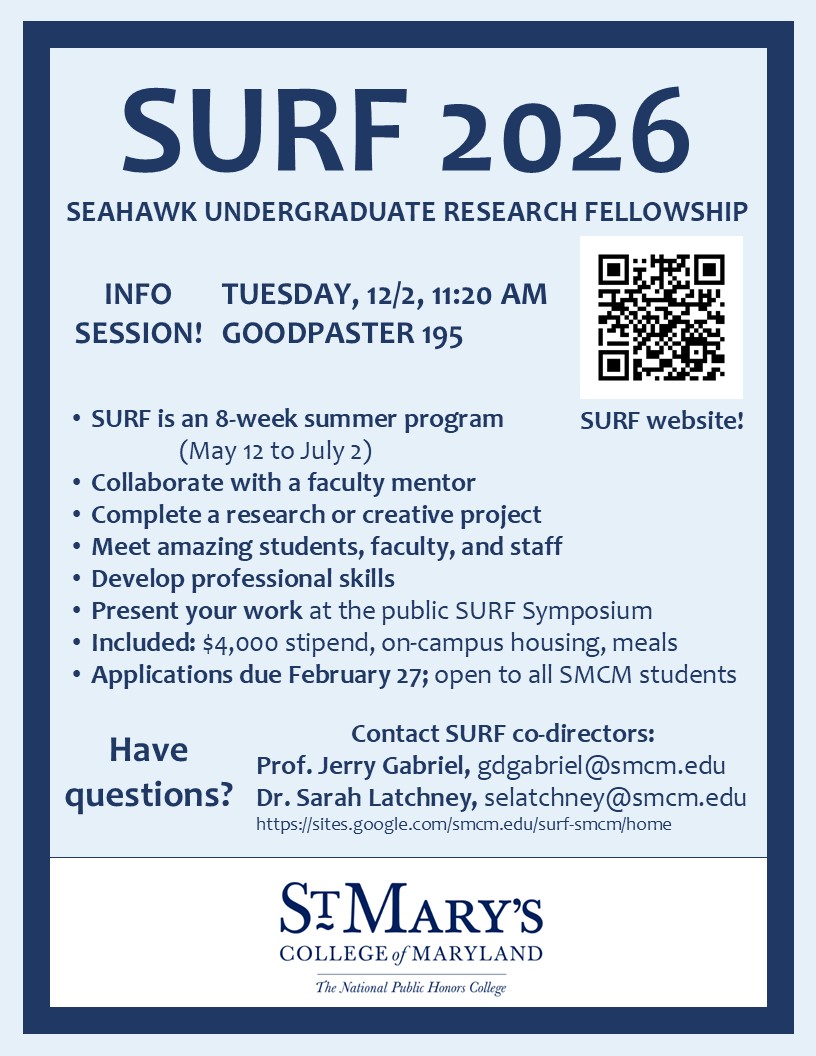 Informational flyer for the Seahawk Undergraduate Research Fellowship (SURF) 2026 at St. Mary’s College of Maryland, detailing program info, session date, benefits, and contact details.