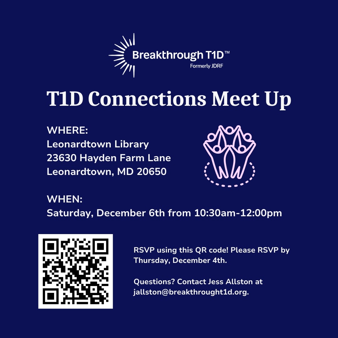 Event flyer for a T1D Connections Meet Up at Leonardtown Library, MD, on Saturday, December 6th, 10:30am–12:00pm, with RSVP QR code and contact details.