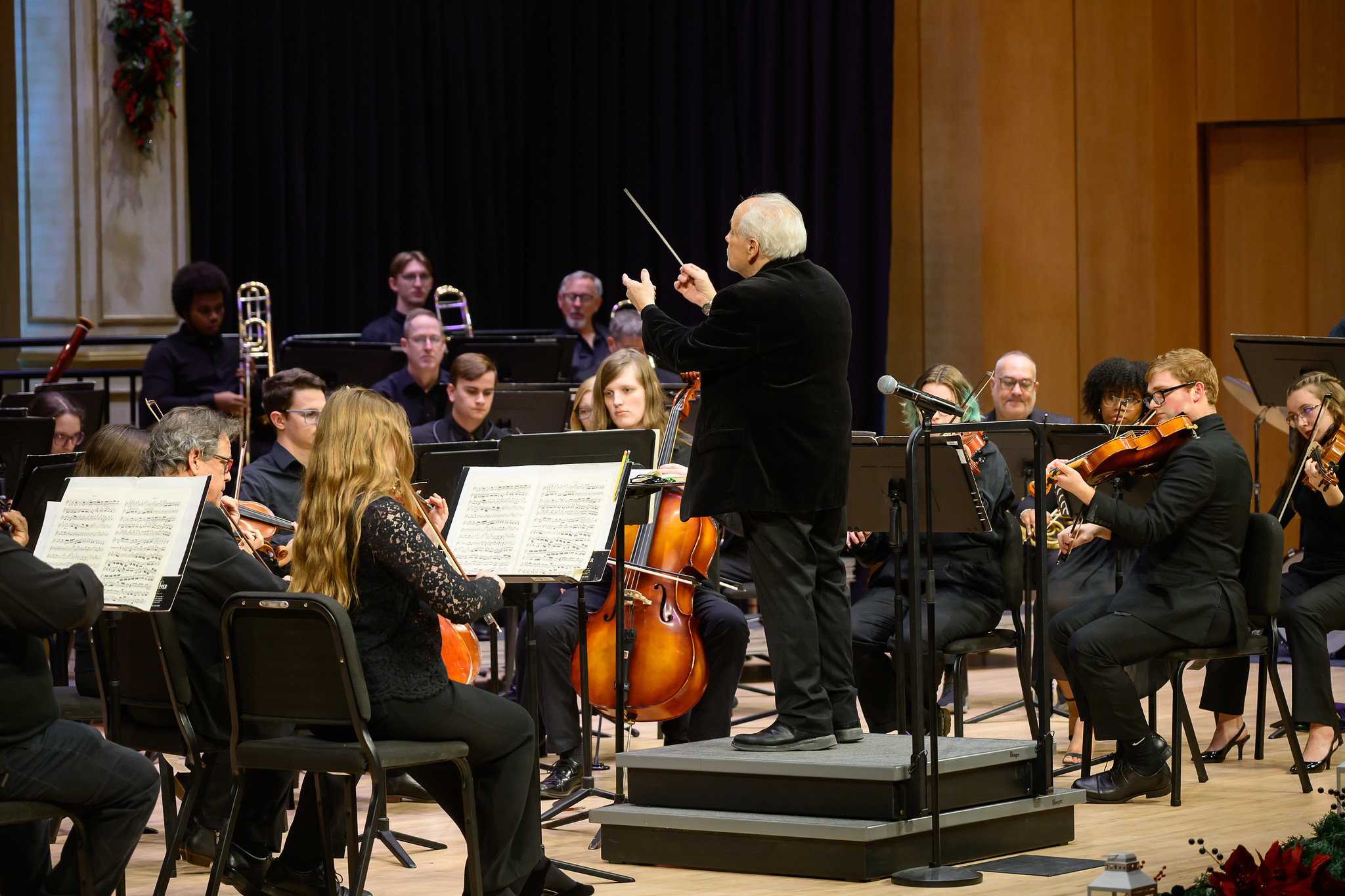 A conductor leads an orchestra of musicians playing string and brass instruments on a stage during a performance.