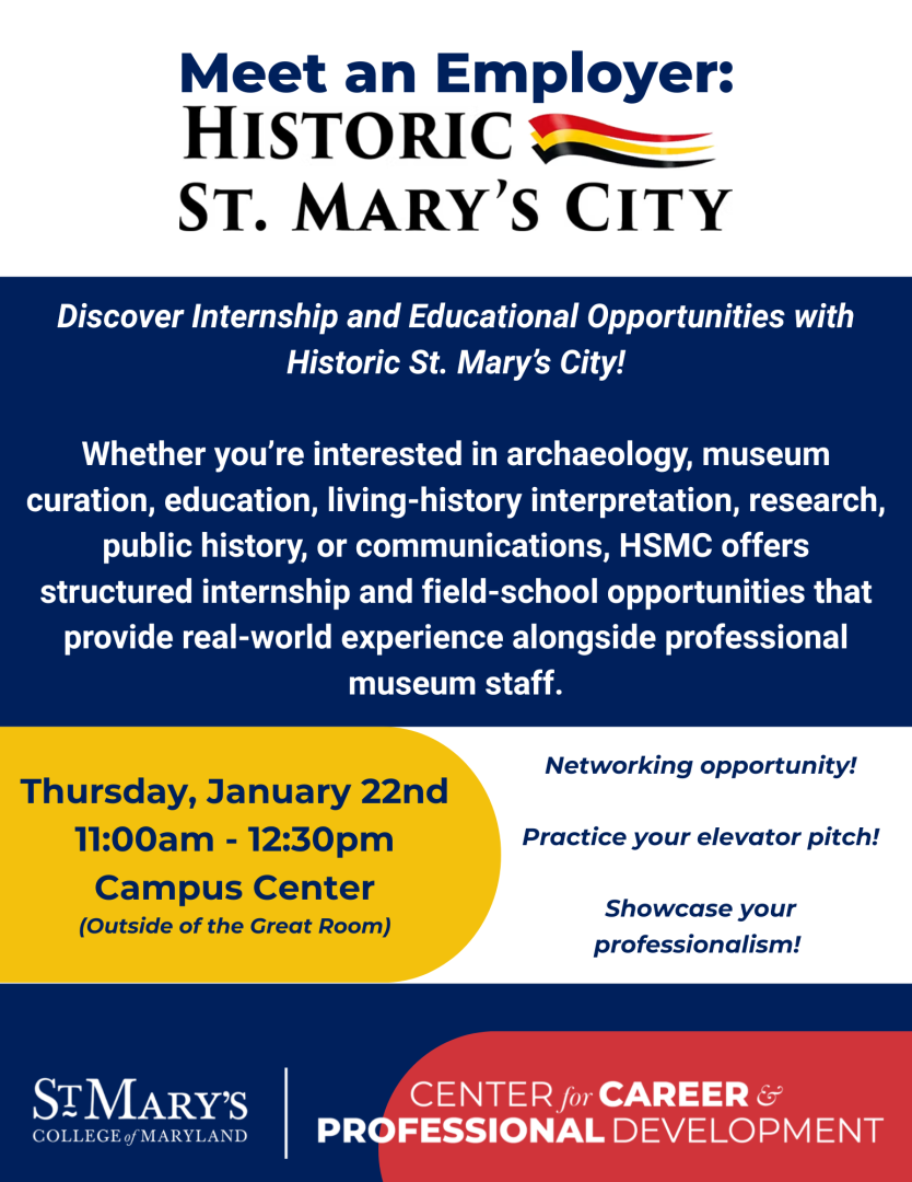 Flyer for a Historic St. Mary's City internship info event on Thursday, January 22nd, 11am–12:30pm at the Campus Center, St. Mary's College of Maryland.