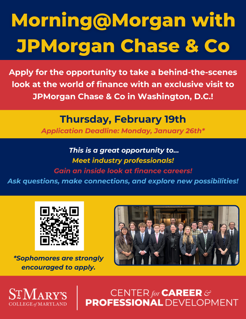 Flyer for “Morning@Morgan with JPMorgan Chase & Co” event on February 19th in Washington, D.C., encouraging students to apply by January 26th for an exclusive finance career experience.