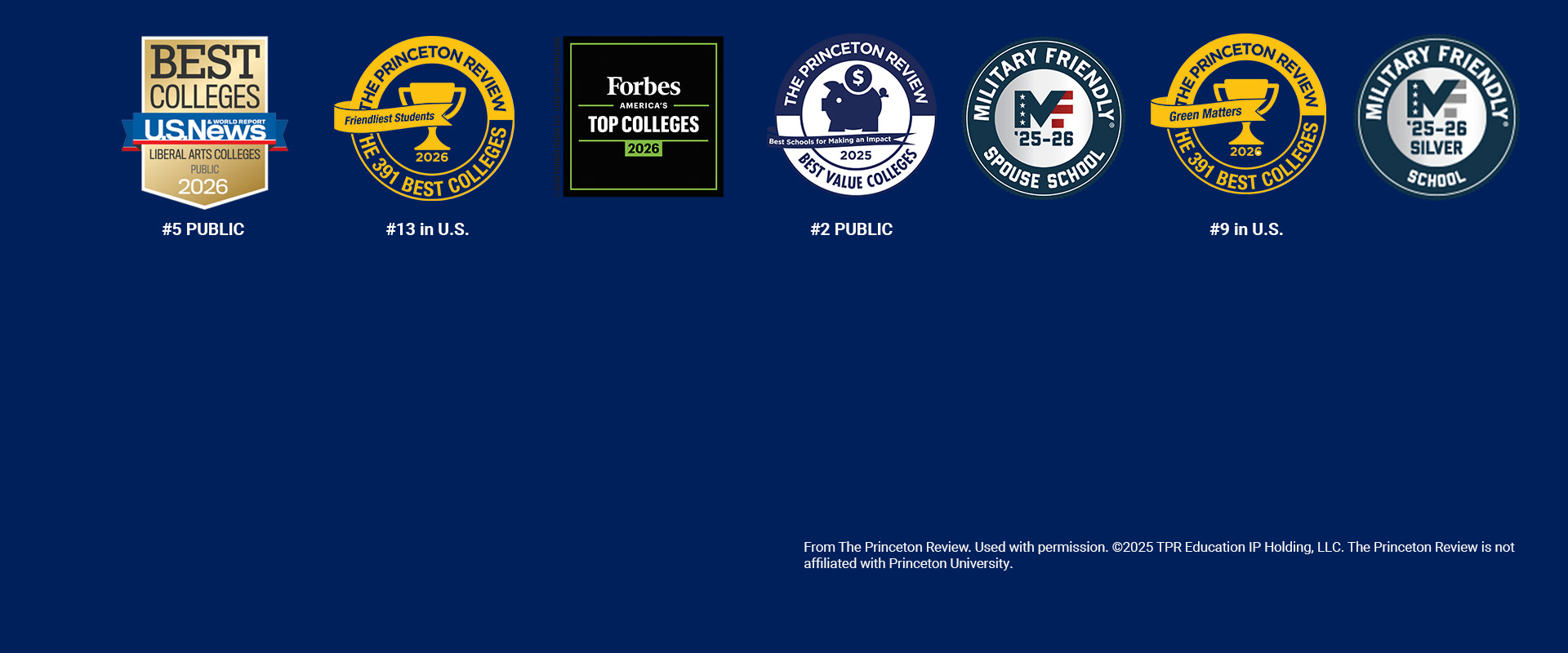 A row of seven college ranking badges on a blue background, including US News, Forbes, Princeton Review, and Military Friendly awards for Princeton University.