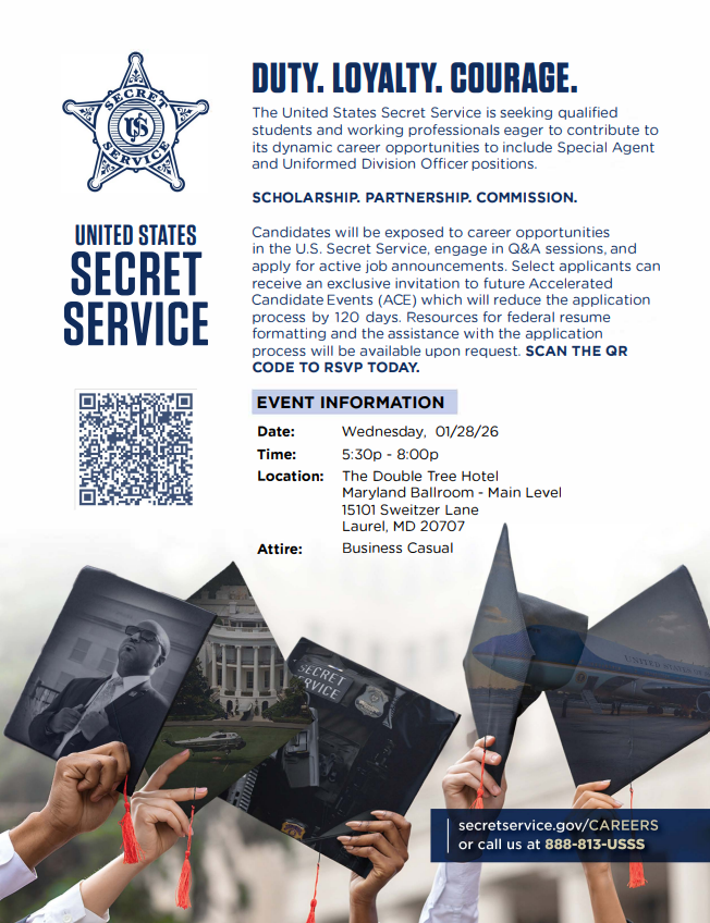 Flyer for a U.S. Secret Service career event with details about time, location, dress code, scholarship info, and a QR code for RSVP, overlaid on a photo of agents.
