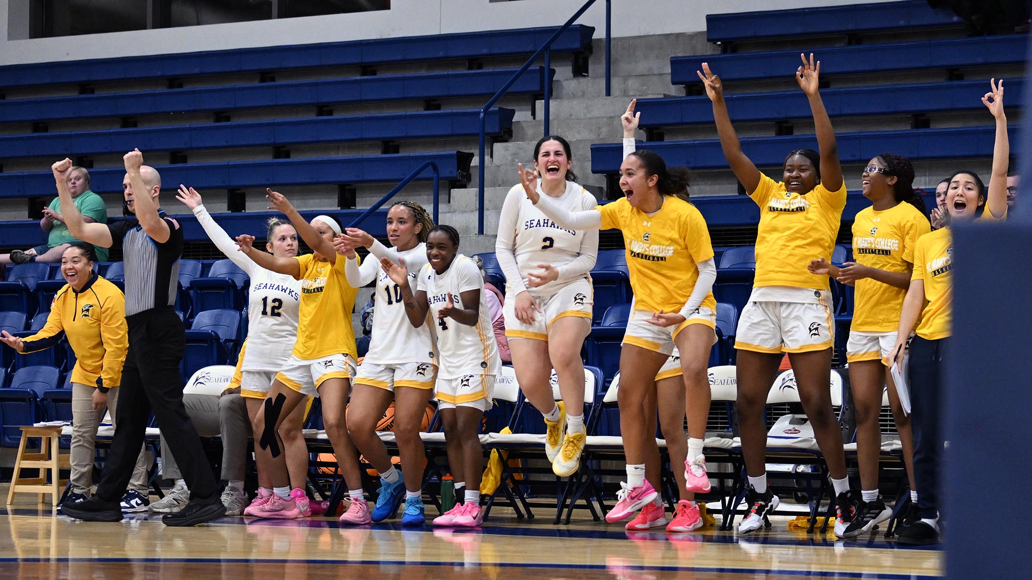 A women's basketball team celebrates enthusiastically on the bench during a game, with players standing, jumping, and raising their arms.