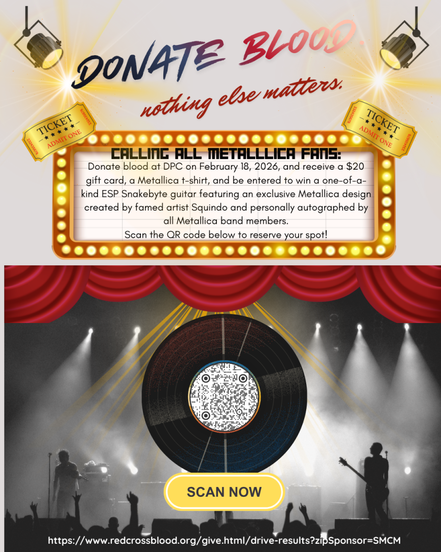 A promotional poster for a Metallica-themed blood drive with event details, prizes, scan-to-register QR code, and a concert stage graphic at the bottom.