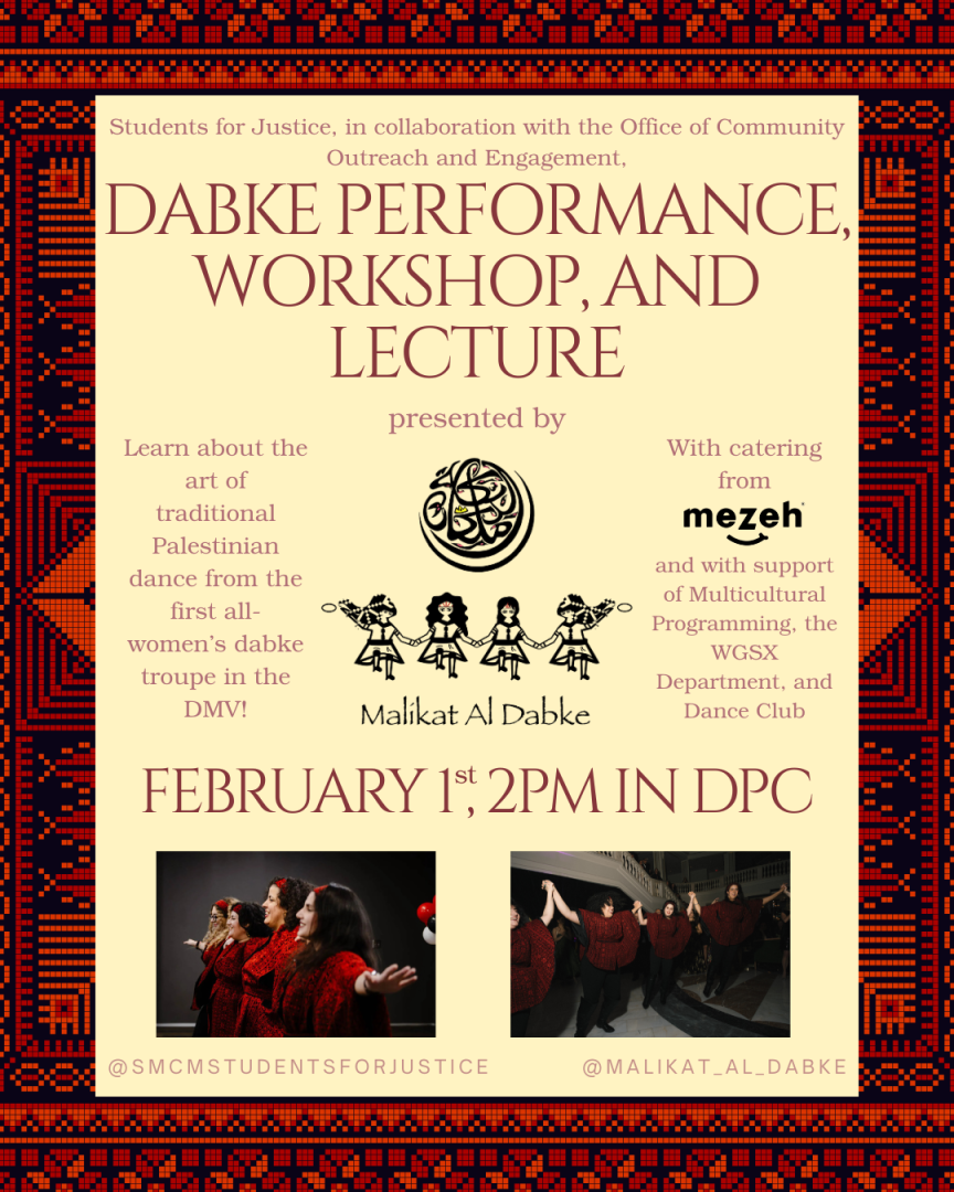 Poster for a dabke performance, workshop, and lecture on February 1st at 2 PM, featuring Malikat Al Dabke, with catering from Mezeh and support from various campus organizations.