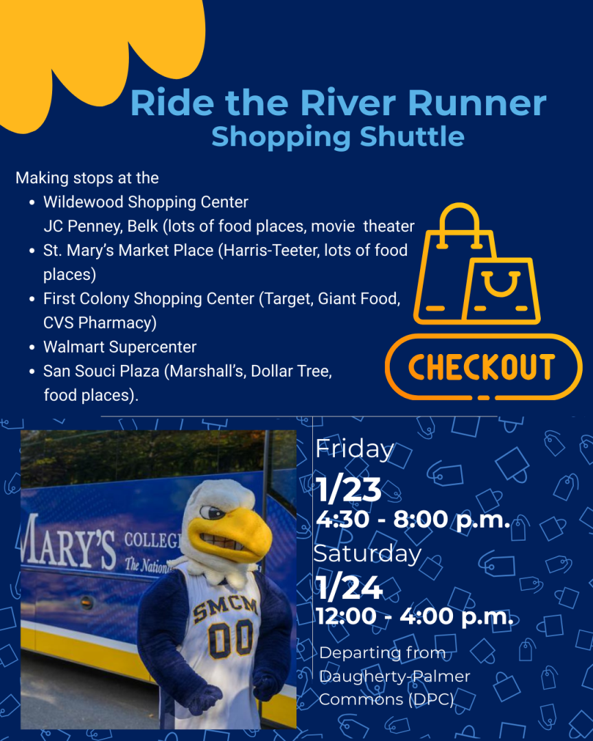 Ride the River Runner Shopping Shuttle flyer listing stops, dates, and times, with a mascot photo and yellow graphics of a shopping bag and checkout button.
