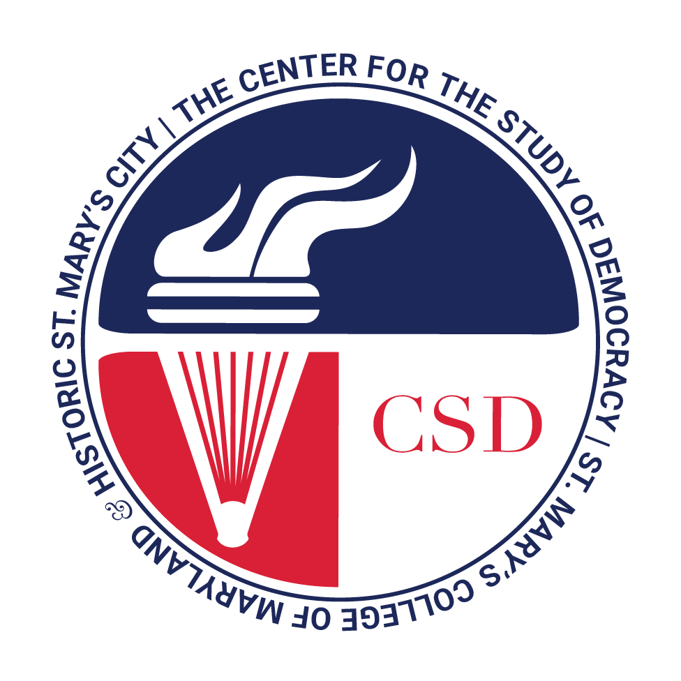 Logo of the Center for the Study of Democracy at St. Mary's College of Maryland, featuring a torch and an open book within a circular border containing the organization's name.
