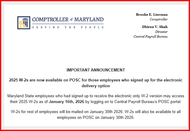 Announcement from the Comptroller of Maryland about 2025 W-2s being available on POSC as of January 16, 2026, for employees who chose electronic delivery.
