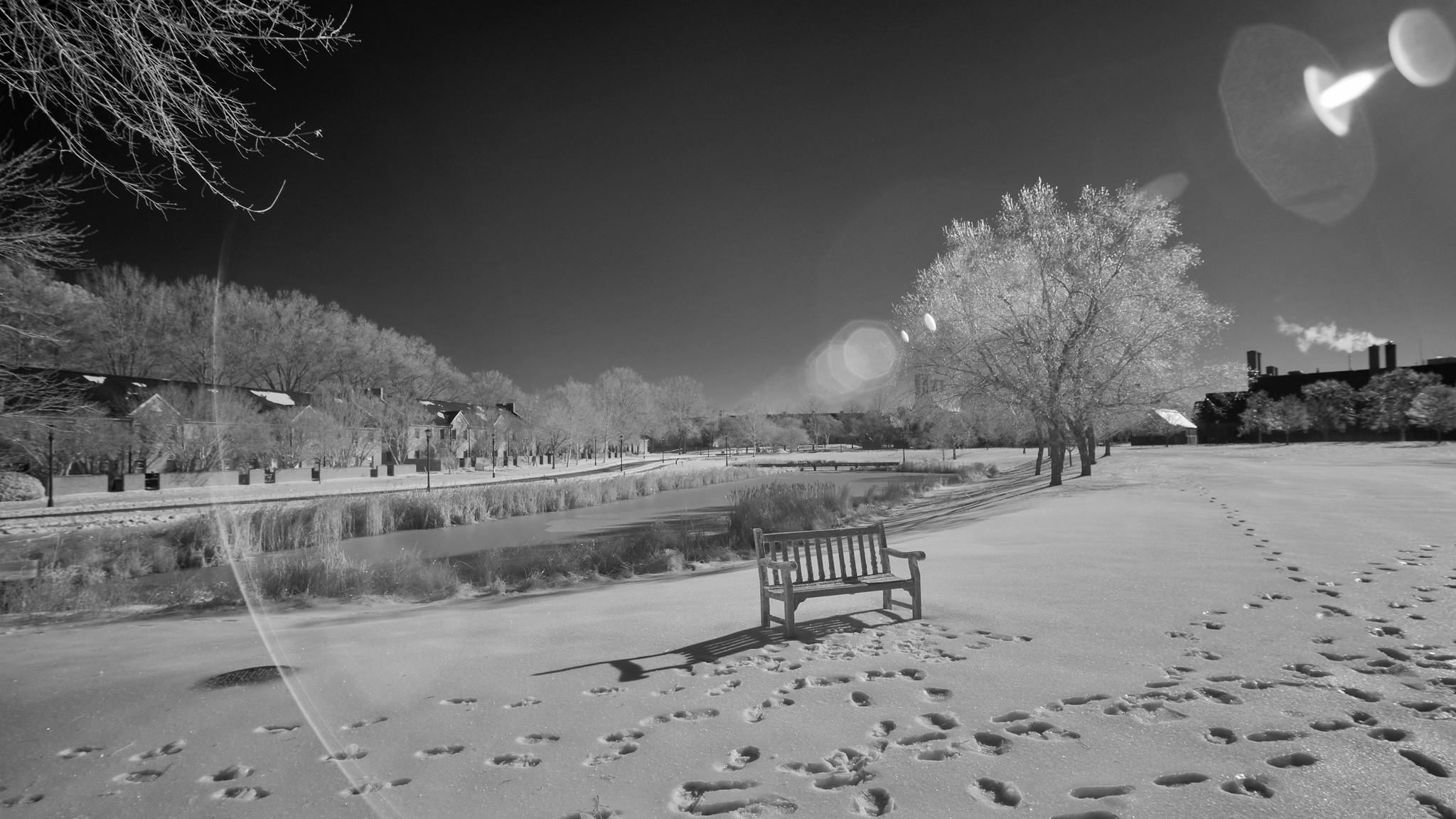 A wooden bench sits on snow near a frozen pond, surrounded by trees and footprints under a clear sky with visible lens flare.
