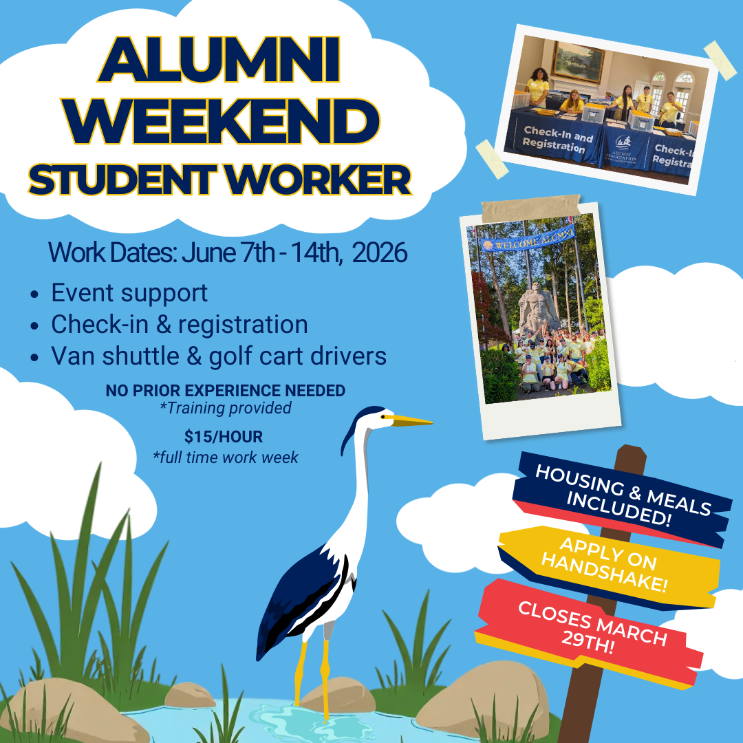 An informational flier with summarizing information from the job description designed in a river theme and two previous Alumni Weekend photos including student workers posing for a group photo and working Check-In and Registration.