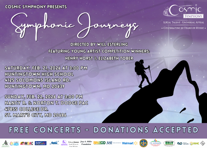 Symphonic Journeys concert poster with event details, dates, locations, featured artists, and note of free concerts with donations accepted.