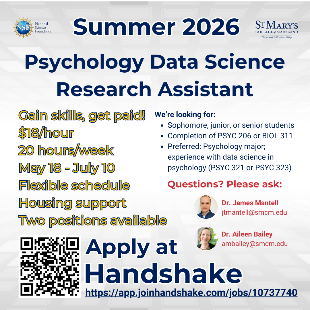 Flyer for Summer 2026 Psychology Data Science Research Assistant at St. Mary's College, $18/hr, 20 hours/week, May 18 - July 10. Apply on Handshake; contact listed professors for questions.