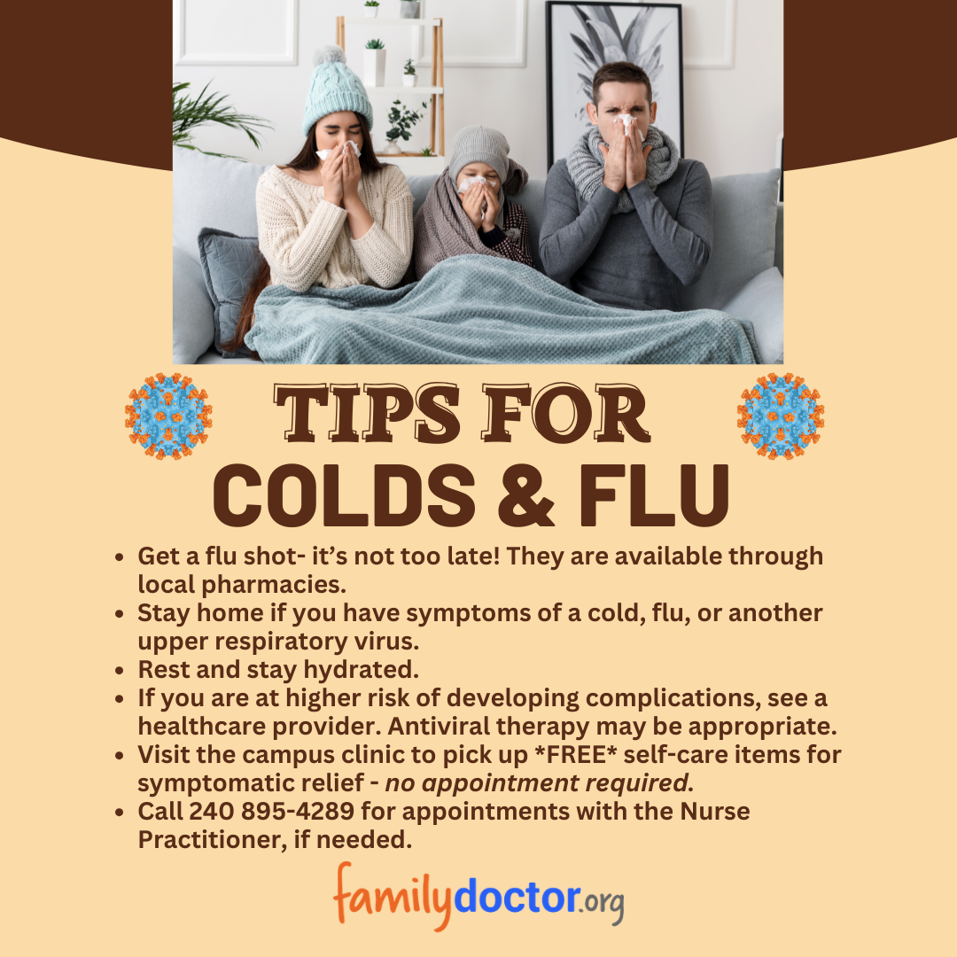 Three people sit on a couch with tissues, appearing unwell. Text provides tips for managing colds and flu, including vaccination, hydration, and seeking medical advice.