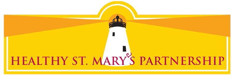 Logo for Healthy St. Mary’s Partnership featuring a lighthouse centered on a yellow and orange background with the organization name in red text below.