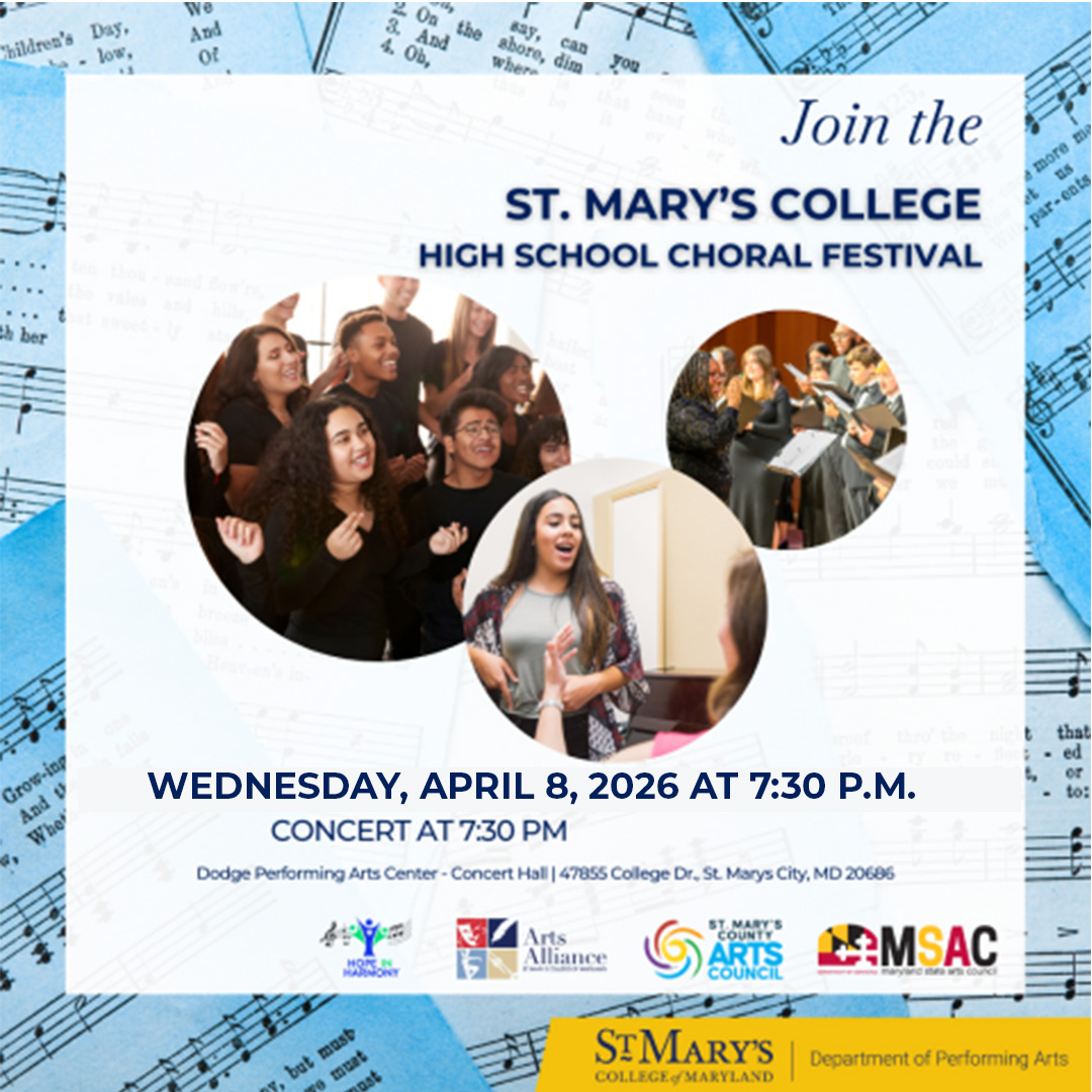 Promotional flyer for the St. Mary’s College High School Choral Festival on April 8, 2026, at 7:30 PM, featuring images of singing students and event sponsor logos.