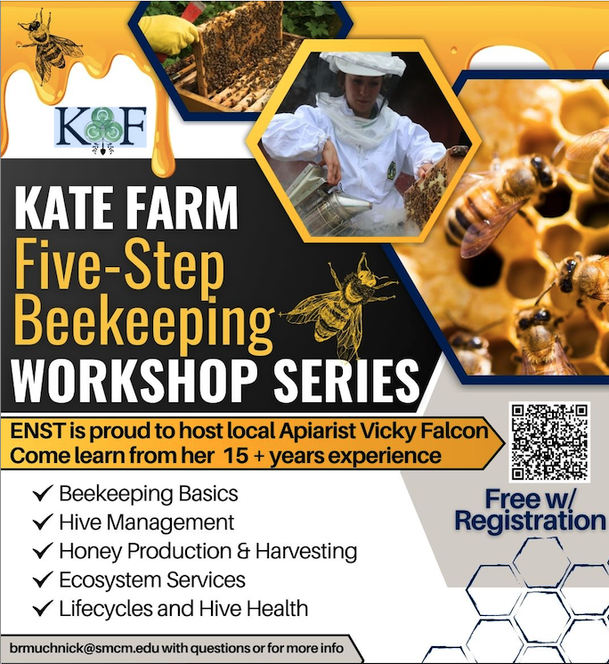 Promotional flyer for Kate Farm Five-Step Beekeeping Workshop Series featuring Vicky Falcon, listing topics and mentioning free registration.