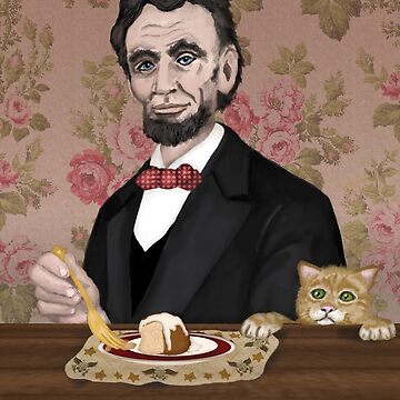 Abraham Lincoln in a suit sits at a table with a fork and a slice of cake, while a cat peeks over the edge of the table beside him.